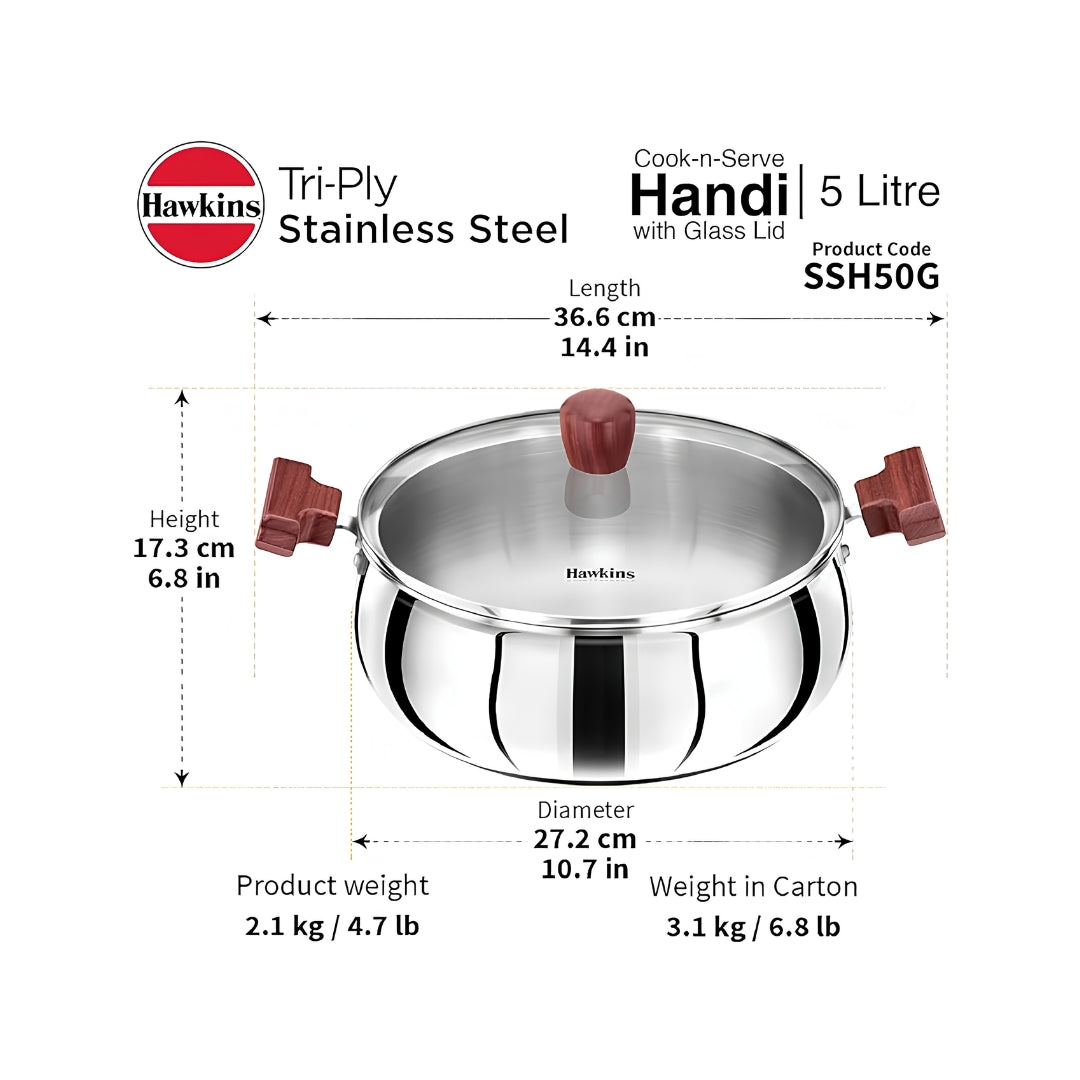 Hawkins Triply Stainless Steel Induction Compatible Handi with Glass Lid (SSH50G) 5 L_Dimensions