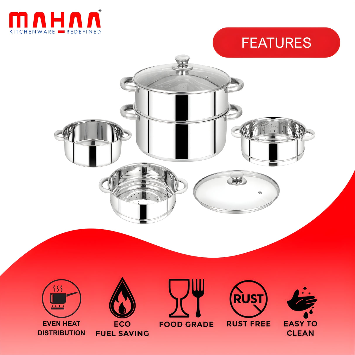 Mahaa Stainless Steel 2-Tier Utena Smart Steamer with Glass Lid 18 cm_5