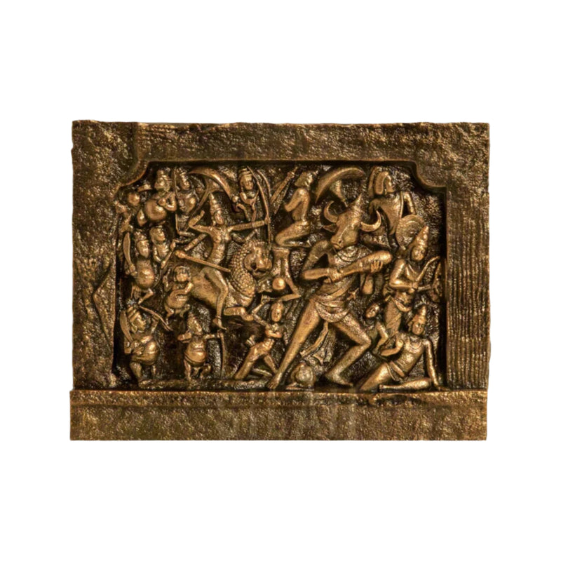 Mahishasura Mardini Relief Sculpture 8 In - Antique Bronze