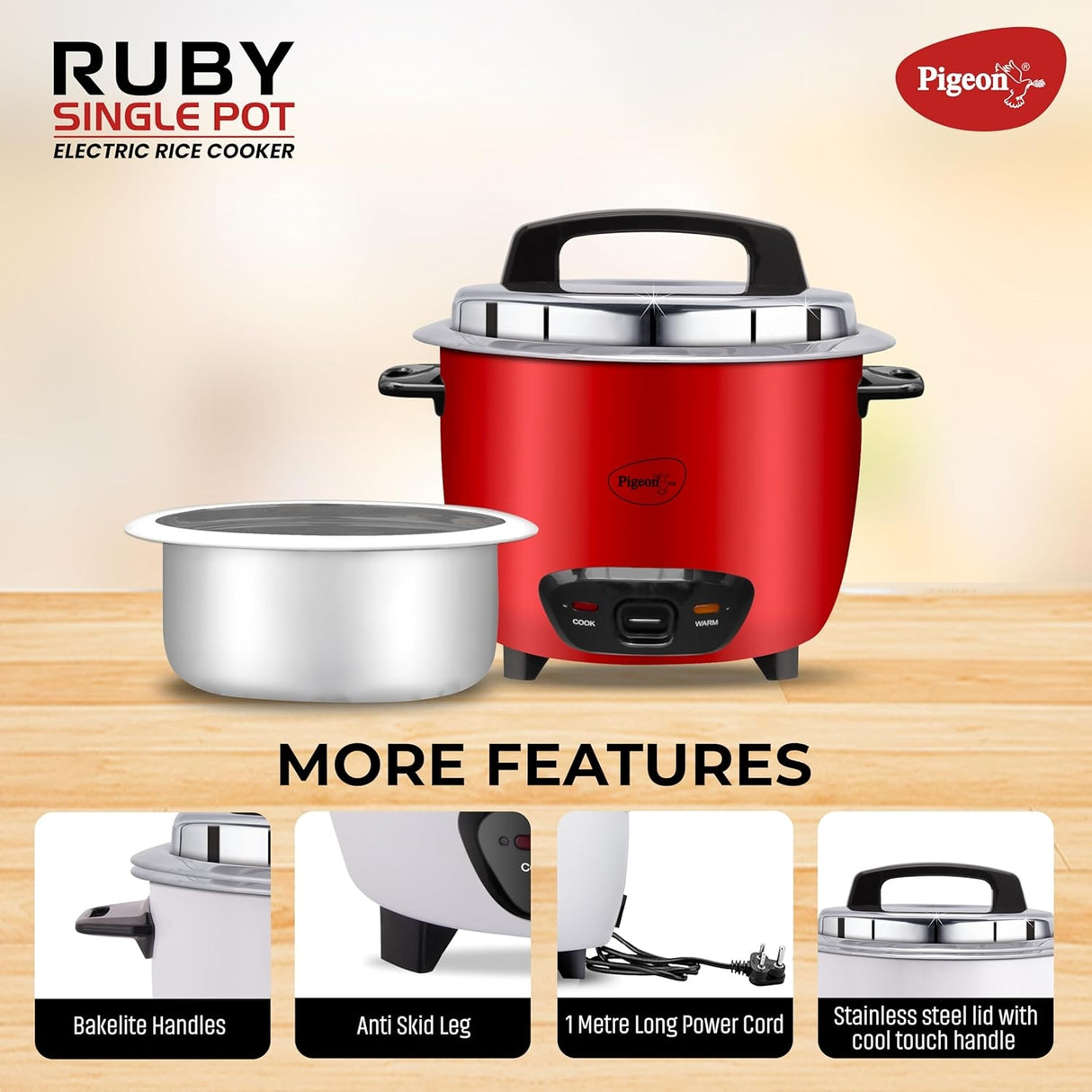 Pigeon Electric Rice Cooker ERC RUBY DX 1.8 L - Red_5