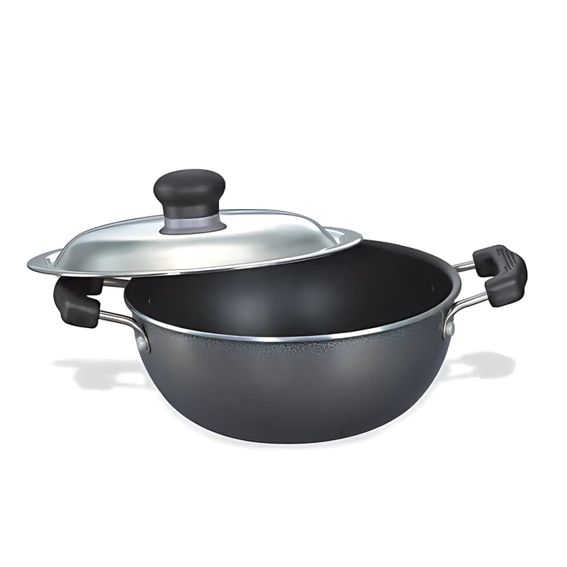 Prestige Omega Select Plus Aluminium Flat Base NS Coating Kadai with SS Lid 27 cm - Black