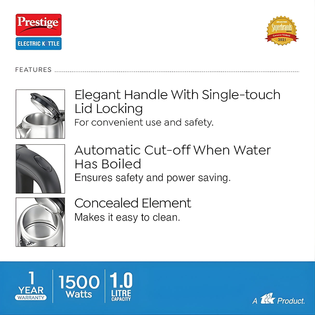 Prestige PKNSS 1.0 41869 Stainless Steel Body 1500 W Electric Kettle 1 L – Silver_4