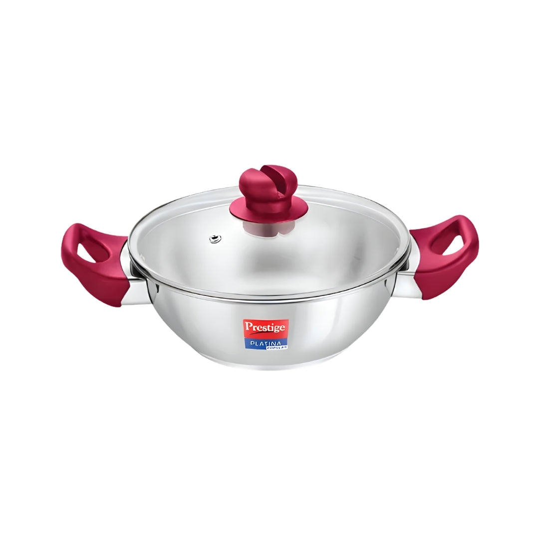 Prestige SS Platina Popular Kadai with Glass Lid – 24 cm _ 2.8 L_Front View