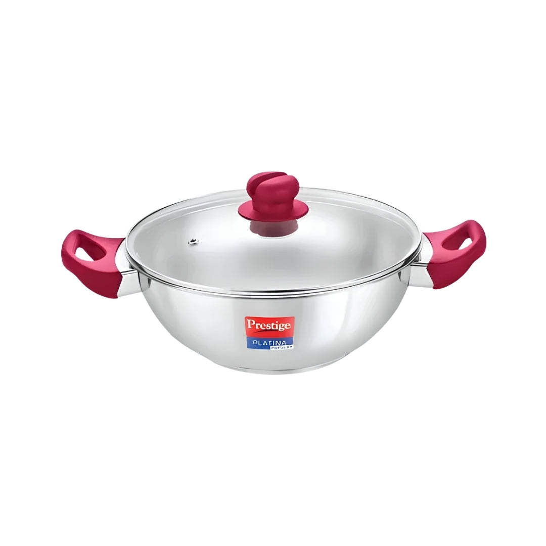 Prestige SS Platina Popular Kadai with Glass Lid – 28 cm _ 4.6 L_Front View