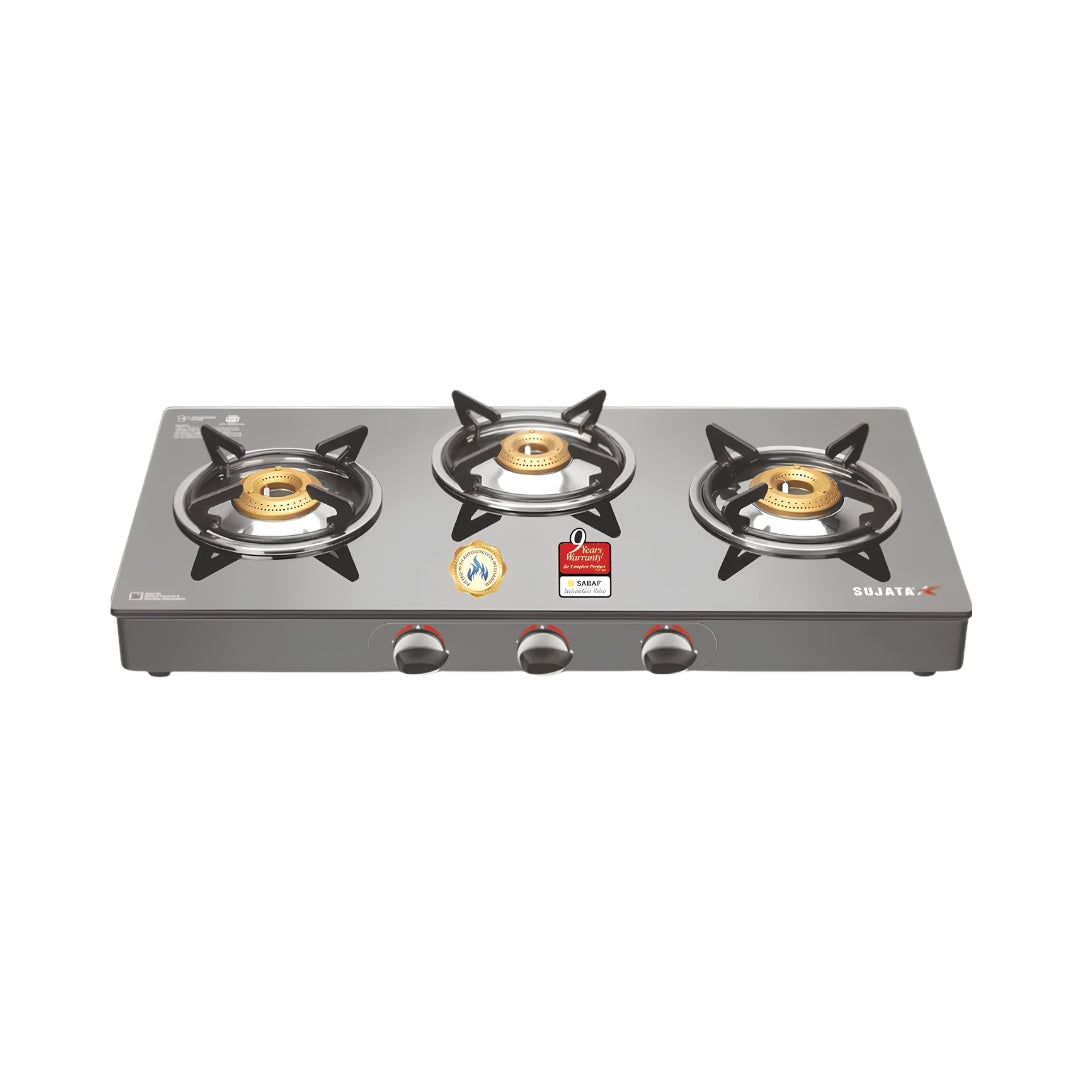 Sujata Standard 3 Burner Toughened Glass Top Gas Stove - Black