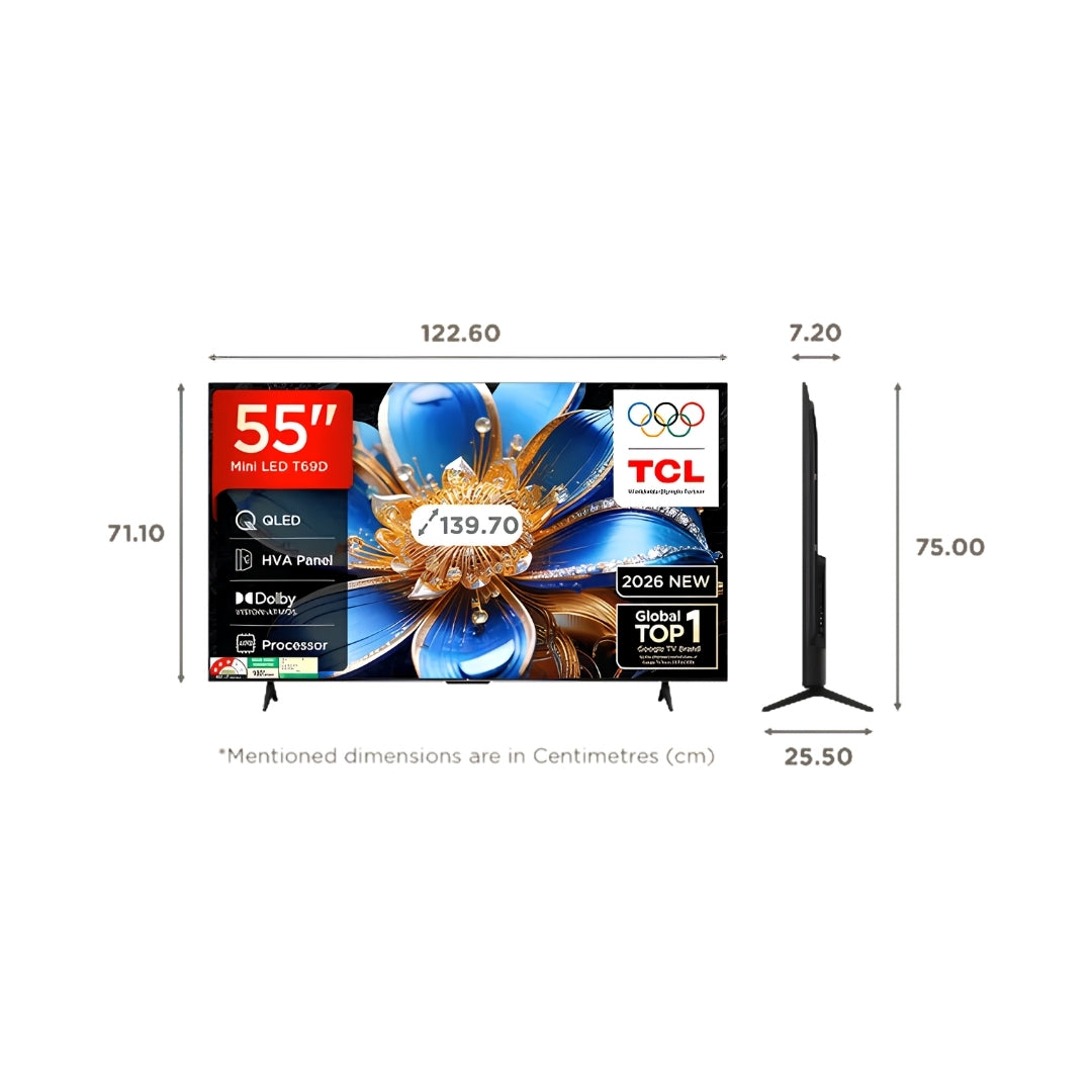 TCL 55T69D 4K UHD QLED - 55 Inch - Dimension View