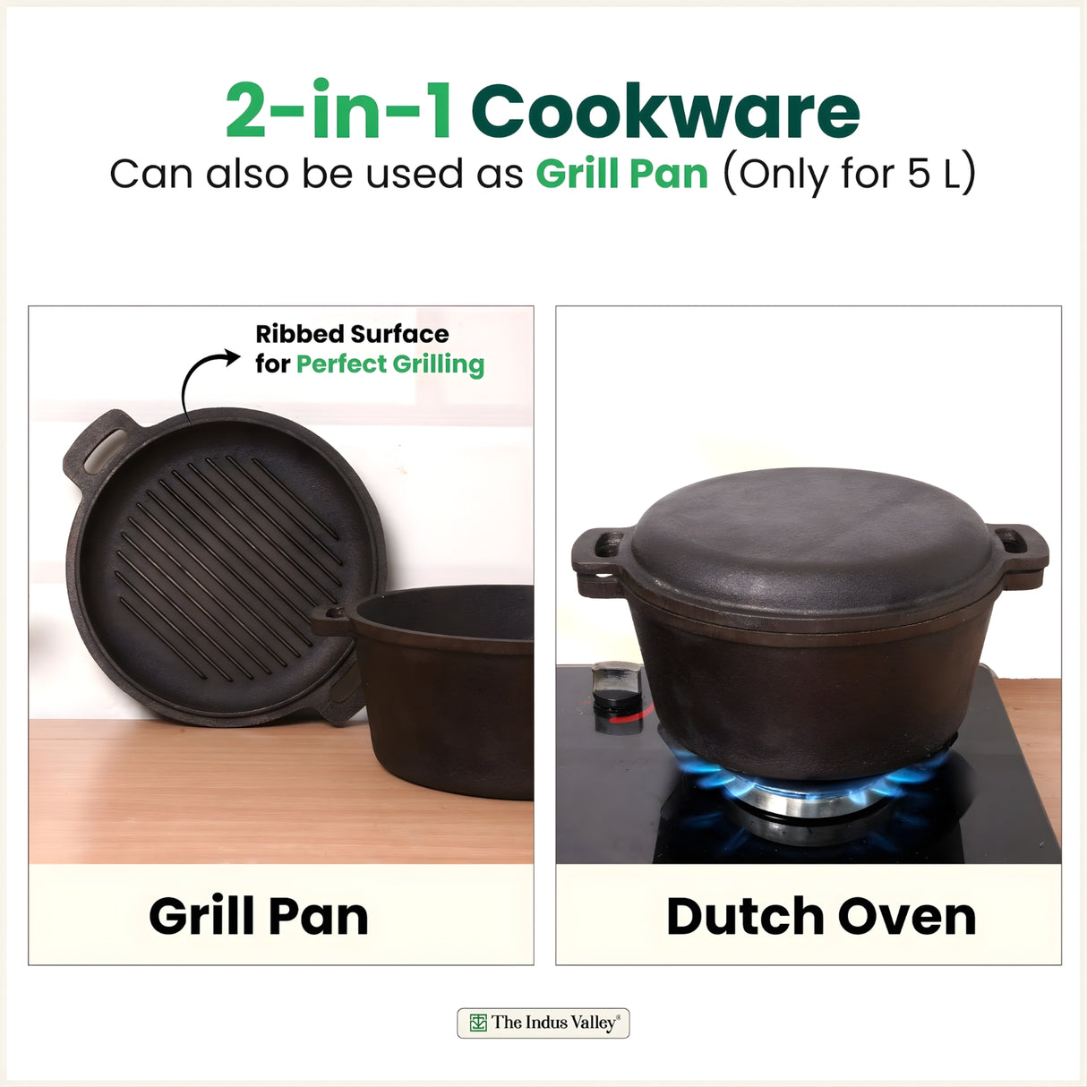The Indus Valley Cast Iron 2 in 1 Dutch Oven with Lid 5 L - Black_5