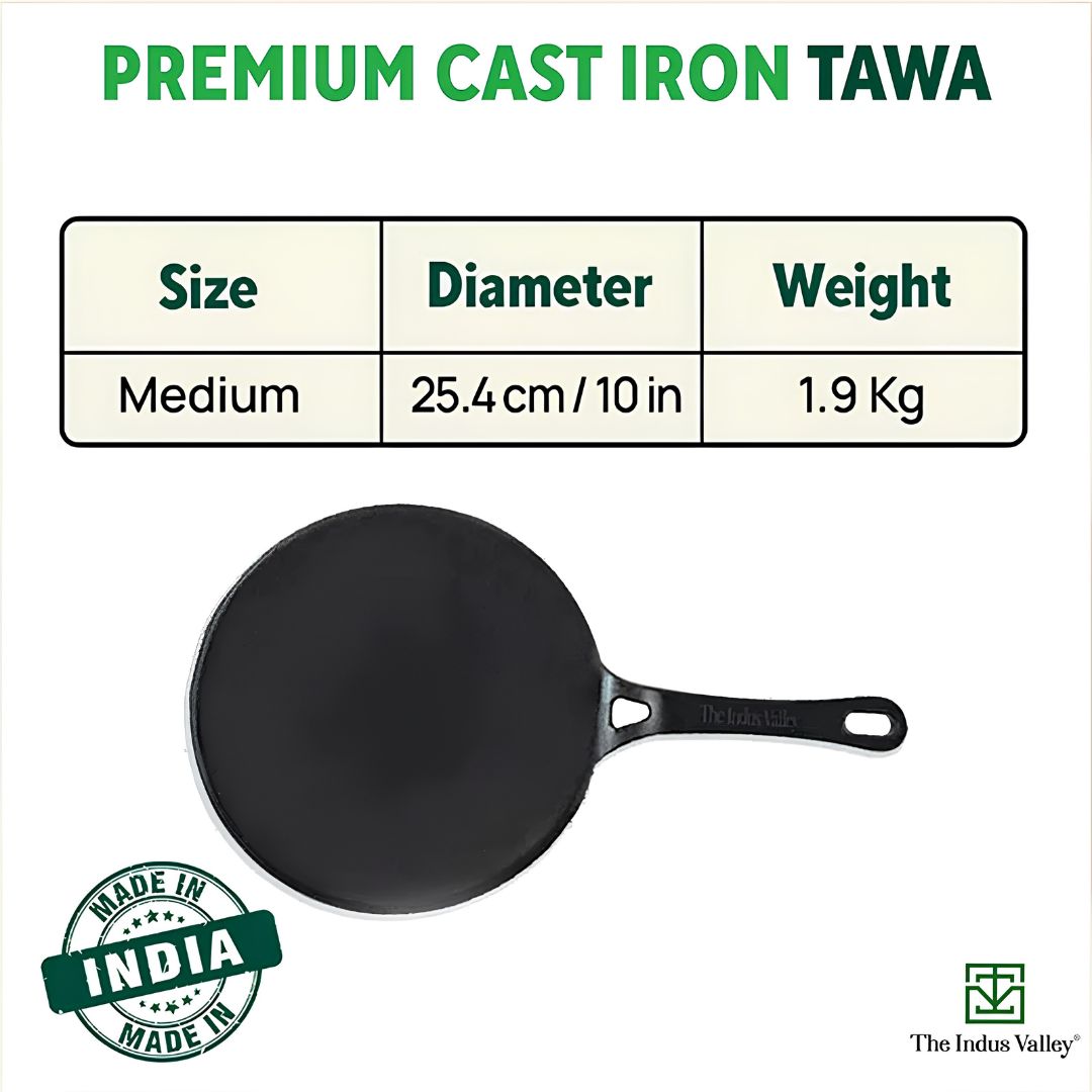 The Indus Valley Cast Iron Concave Tawa 25.4 cm - Black_Dimnesions