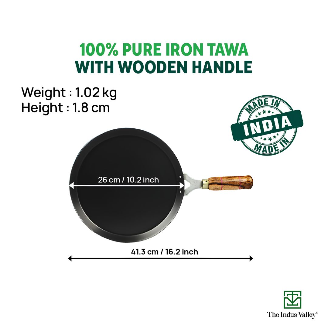 The Indus Valley Natural Cookware Pre-Seasoned Cast Iron Dosa Tawa 25.8 cm - Black_Dimensions View