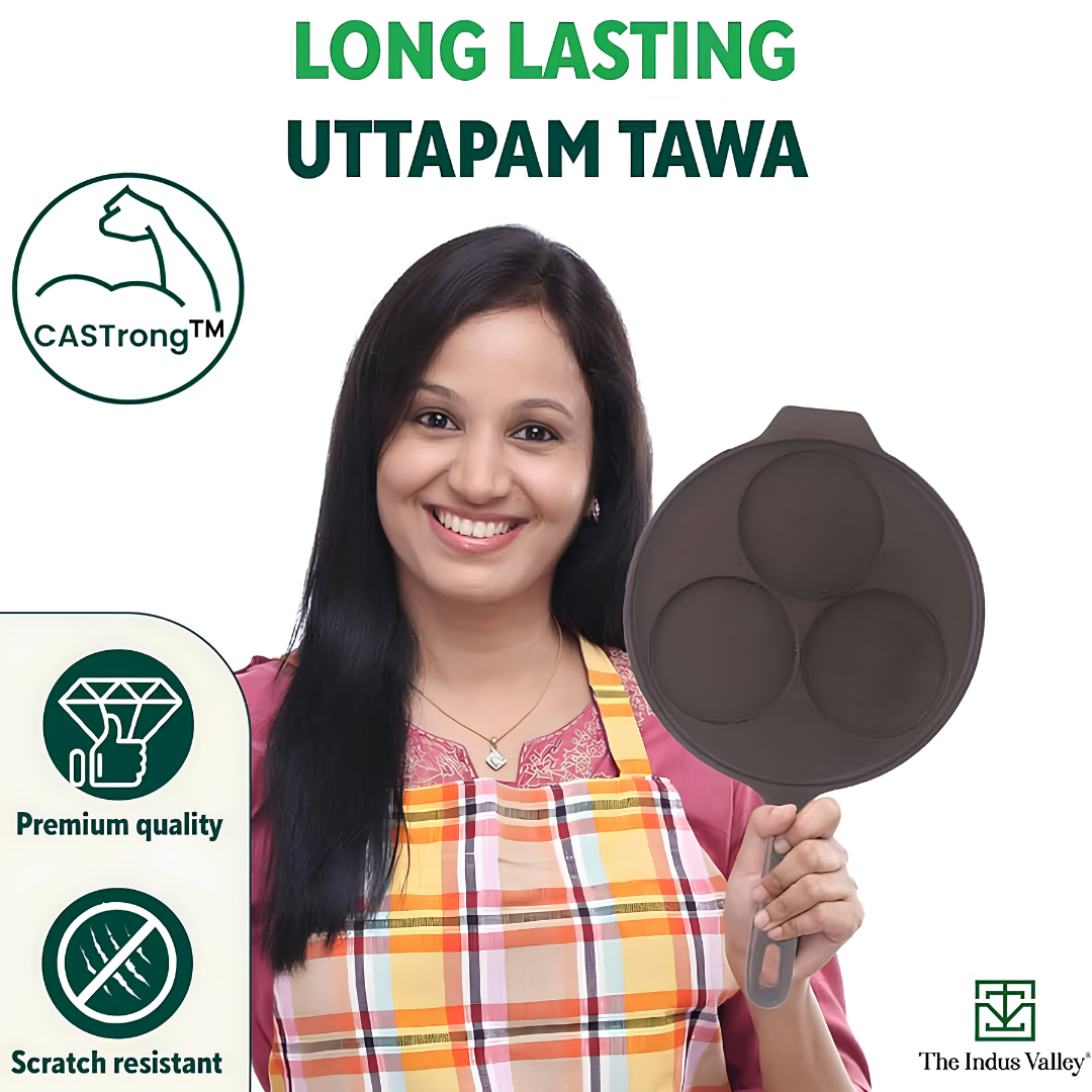 The Indus Valley Natural Cookware Pre-Seasoned Cast Iron Uttapam Tawa 23 cm - Black_Features 2
