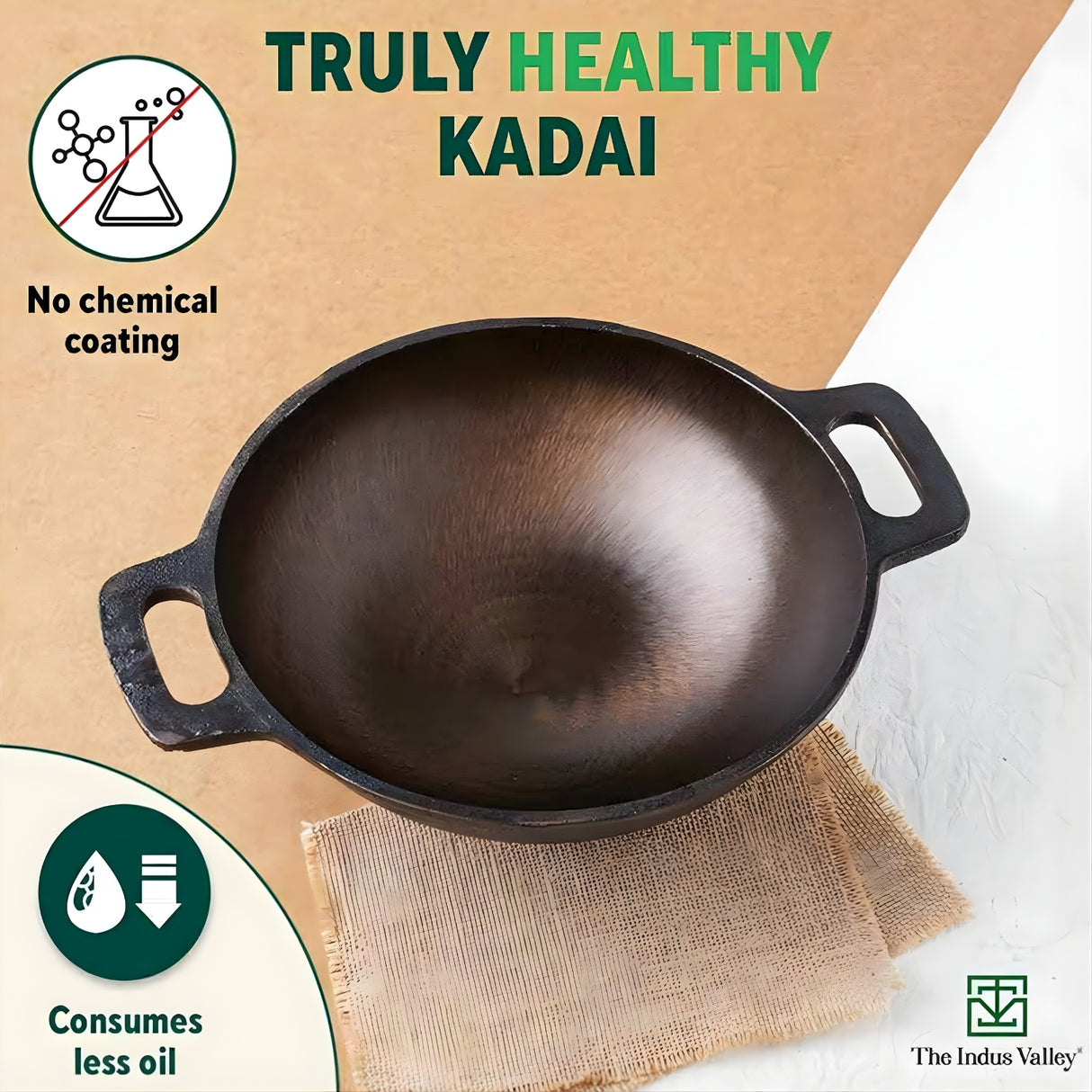 The Indus Valley Super Smooth Cast Iron Kadai 25.4 cm \ 2.5 L - Black_3