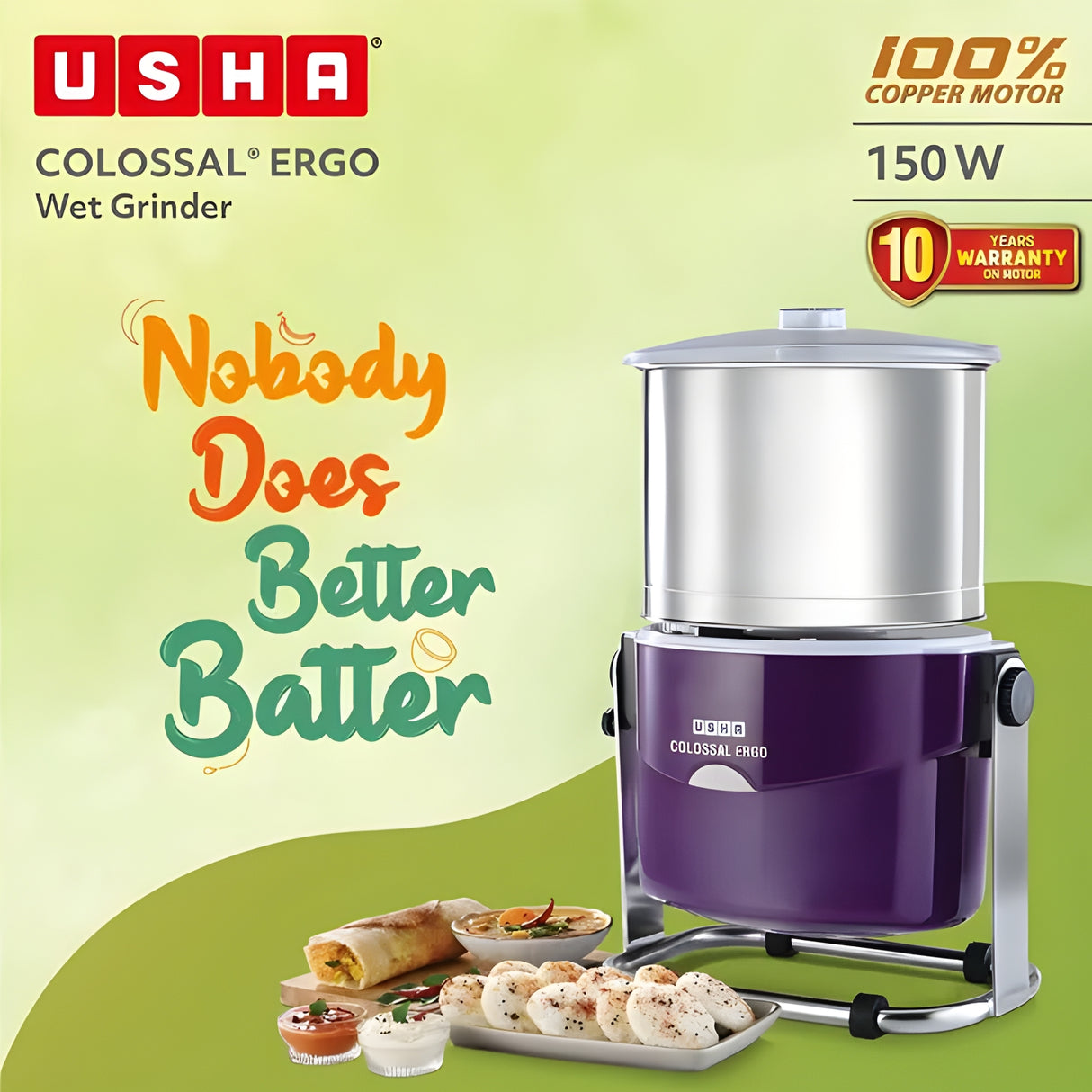 USHA Colossal Ergo 2 L 150 W 2 Stones Wet Grinder with Coconut Scrapper and Atta Kneader - Magenta_7