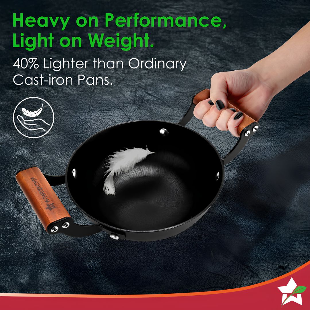 Wonderchef Pre-Seasoned Ferro Light Cast Iron Kadai 24 cm – Black_Features 2