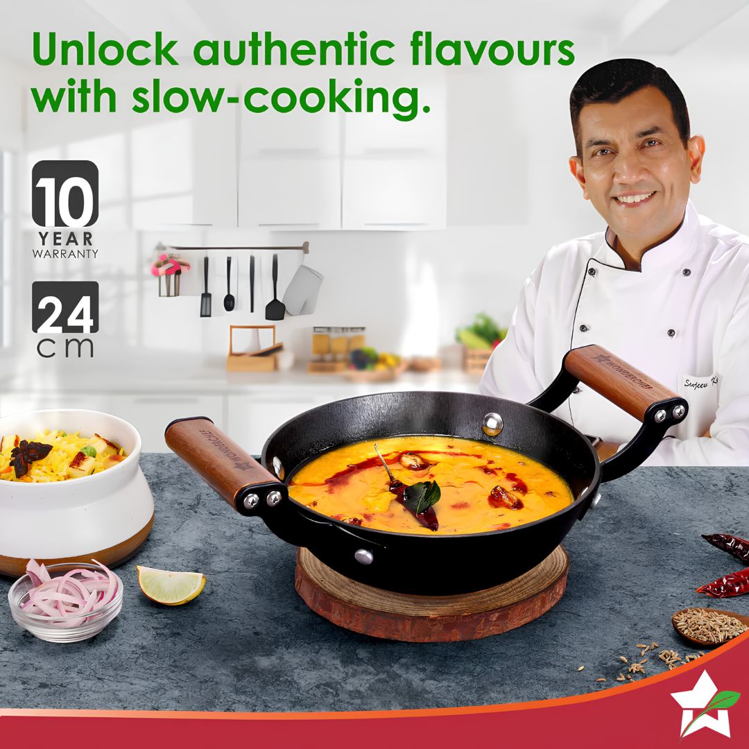 Wonderchef Pre-Seasoned Ferro Light Cast Iron Kadai 24 cm – Black_Fetaures 1