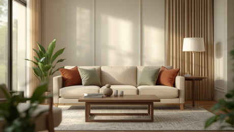 Modern 3-seater fabric sofa with accent pillows in Indian living room