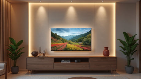 Modern 43-inch smart TV in Indian living room with backlight