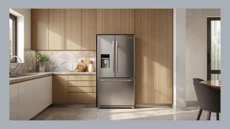 Modern double-door refrigerator in clean contemporary Indian kitchen