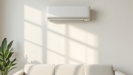 Modern split AC mounted on cream wall in Coimbatore living room