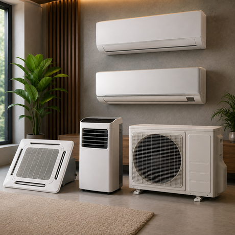 Modern air conditioners displayed in a contemporary interior.