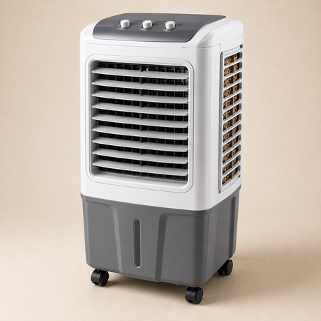 Portable air cooler with front air vents and water tank.