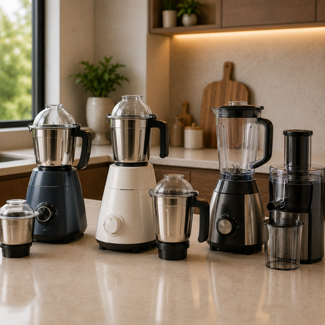 Modern mixers and juicers displayed in a contemporary kitchen.