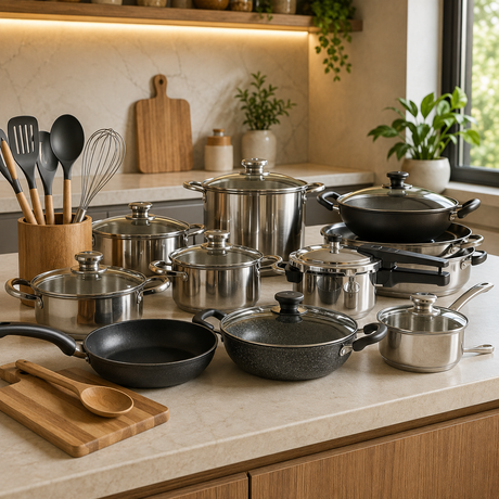 Modern stainless steel cookware collection in a contemporary kitchen.