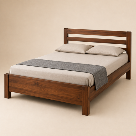 Wooden cot with slatted headboard and cushioned mattress.