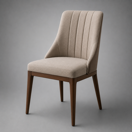 Beige upholstered wooden dining chair.
