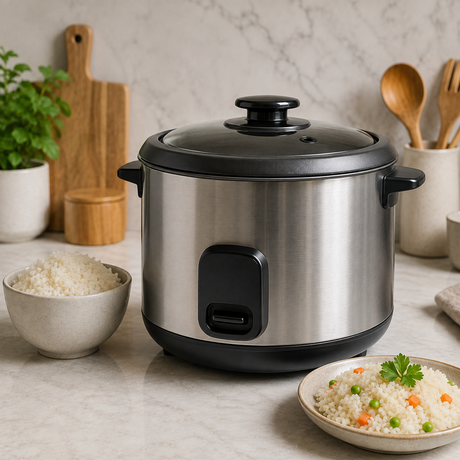 Stainless steel electric rice cooker.