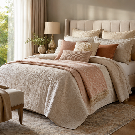 Elegant bedroom furnishings with layered bedding.
