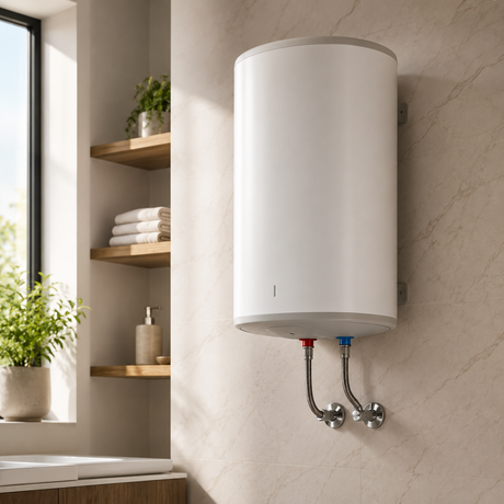 Wall-mounted electric geyser in a bathroom.