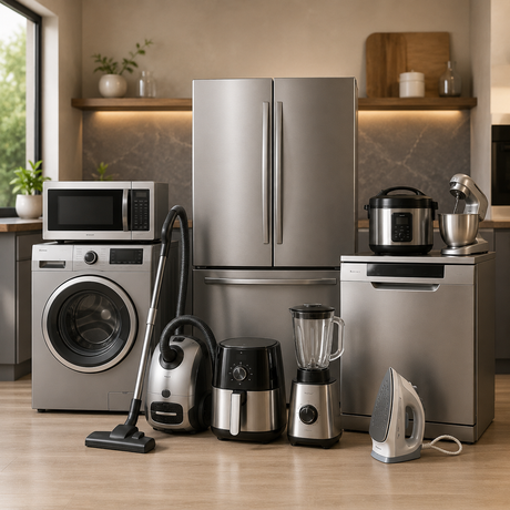 Modern home appliances collection in a stylish contemporary kitchen interior.