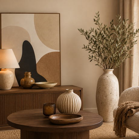 Modern home decor with vases, artwork, and warm neutral accents.