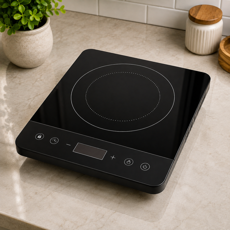 Black portable induction stove.
