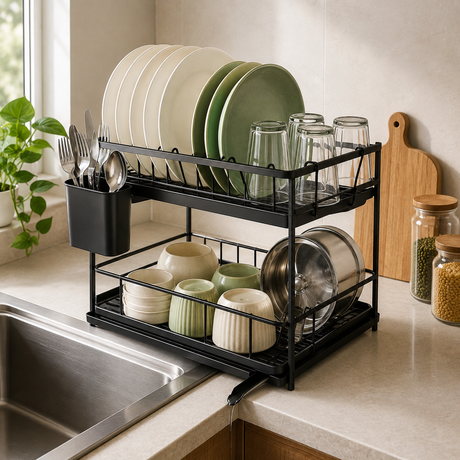 Kitchen dish rack and drainer.