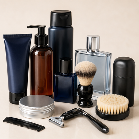 Personal grooming essentials including razor, comb, shaving brush, cologne, deodorant, and skincare products