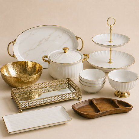 Serveware including platters, bowls, trays, and serving dishes.