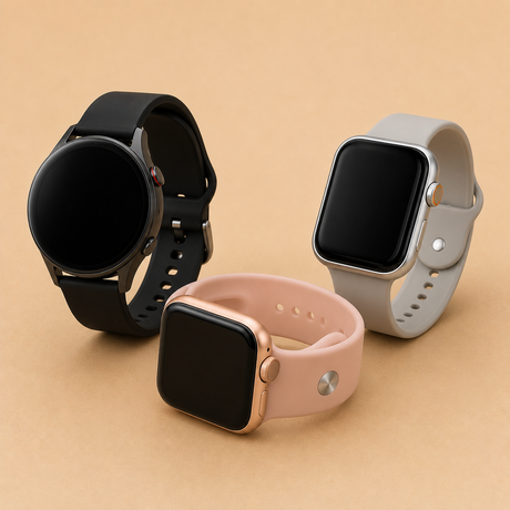 Smartwatches with round and square displays.
