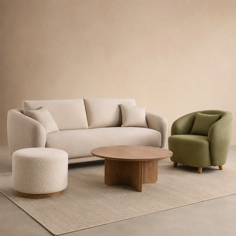 Modern sofa and seating set in a minimalist living room.