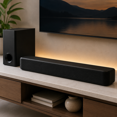 Soundbar with subwoofer in a living room.