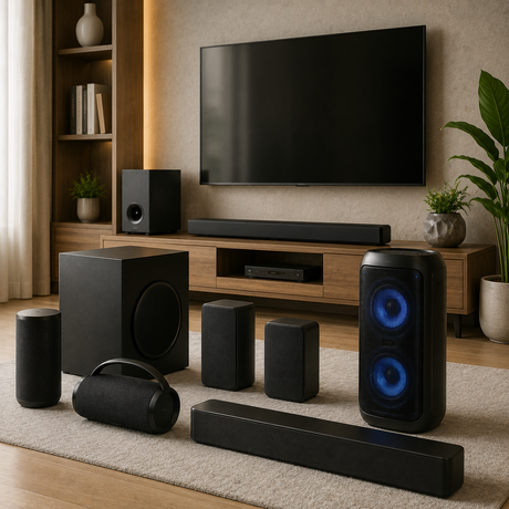 Modern speakers and soundbars in a contemporary home entertainment setup.