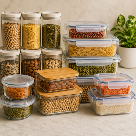 Kitchen storage containers for dry foods.