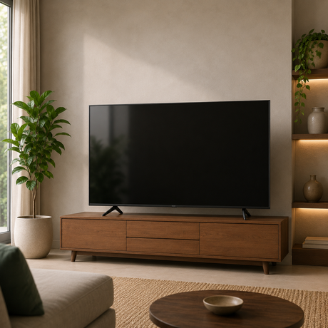 Modern flat-screen TV on a stylish living room console.