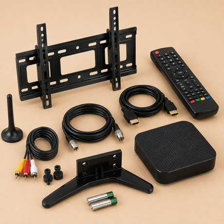 TV accessories including remote, cables, wall mount, stand, and set-top box.