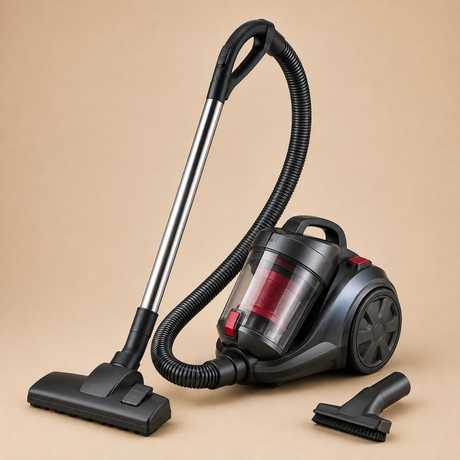 Vacuum cleaner with hose, wand, and floor attachments.