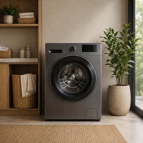 Modern front-load washing machine in a minimalist laundry room.