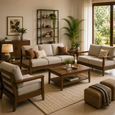 Modern wooden living room furniture set in a stylish contemporary interior.