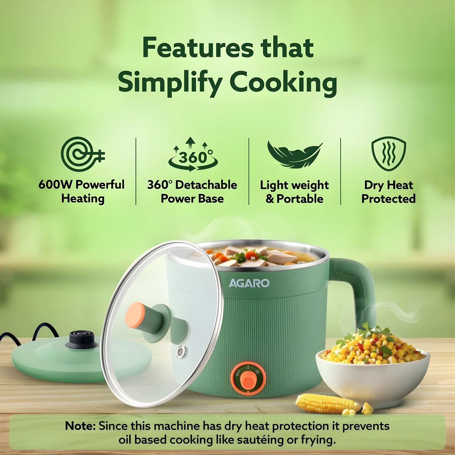 AGARO 33874 Regency 600 W Multi Cook Kettle 1.2 L – Sea Green_2