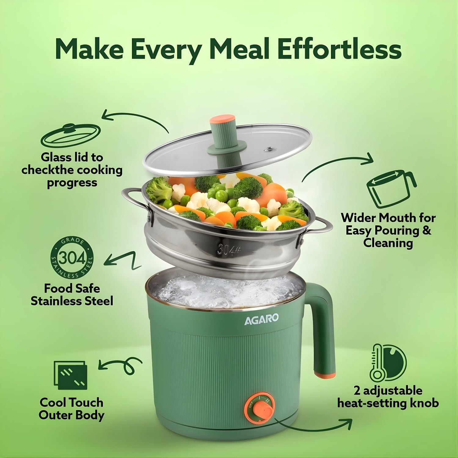 AGARO 33874 Regency 600 W Multi Cook Kettle 1.2 L – Sea Green_4