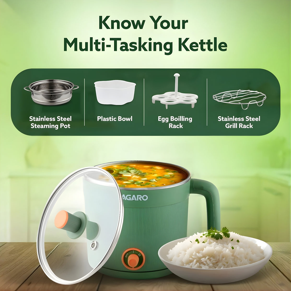 AGARO 33874 Regency 600 W Multi Cook Kettle 1.2 L – Sea Green_5